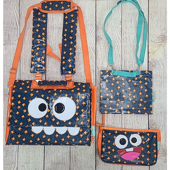 Les Skewies Convertible Backpack Set of 3 Blue Orange Silly Face Belgium - Picture 1 of 13